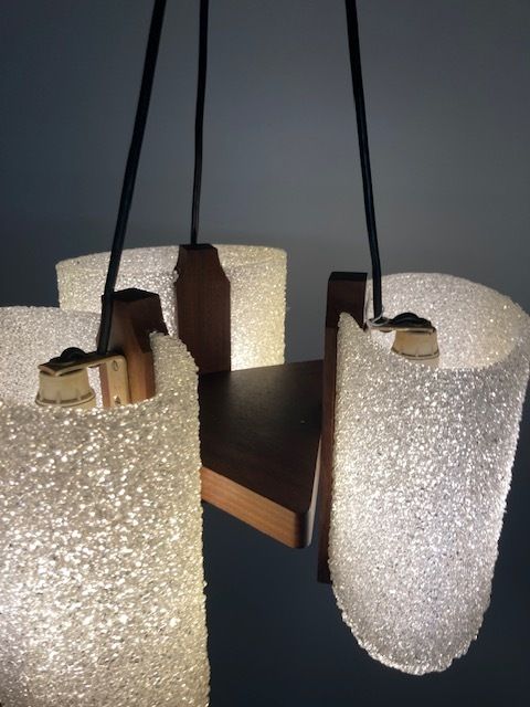 photo for sale Antique Design Chandelier With Three Lights From The 70s, Swedish Style In Teak. Modern Design. Restored And Overhauled !!