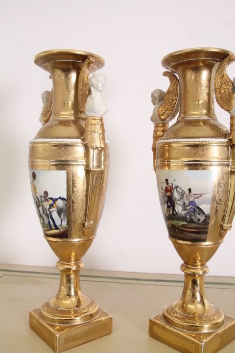 Pair Of French Sevres Empire Vases From The Early 1900s, Pure Gold Porcelain And Branded Biscuits photo Home Decor
