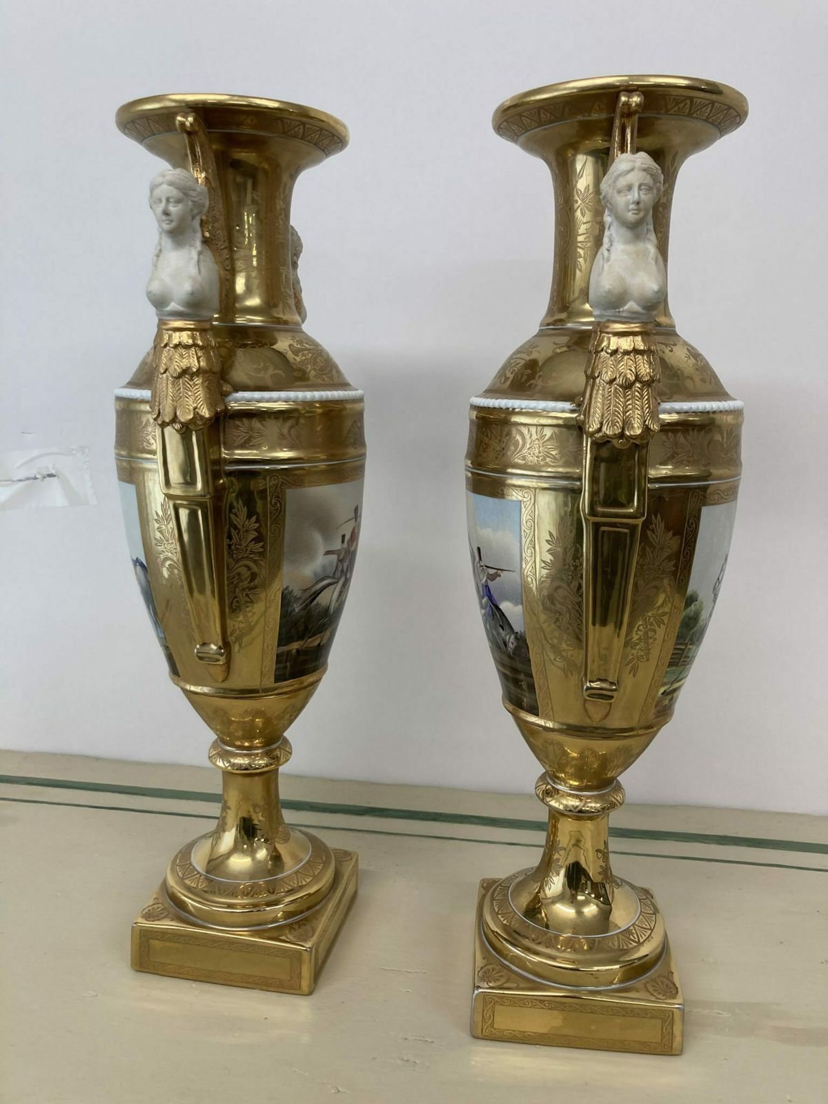 photo furniture Pair Of French Sevres Empire Vases From The Early 1900s, Pure Gold Porcelain And Branded Biscuits
