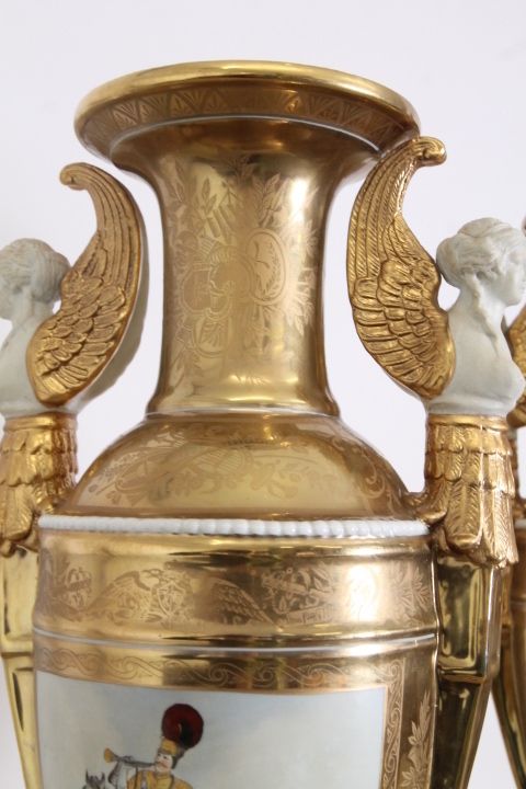 1159.6 Pair Of French Sevres Empire Vases From The Early 1900s, Pure Gold Porcelain And Branded Biscuits photo