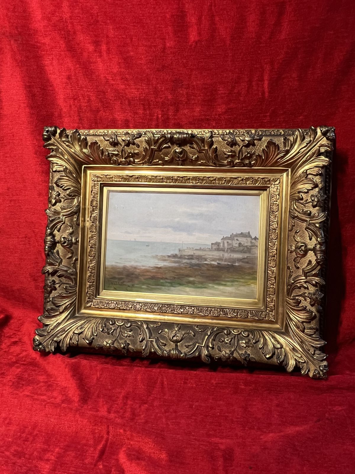 19th Century French School Impressionist Coastal Scene Signed In Ornate Gilt Wood Frame photo for sale