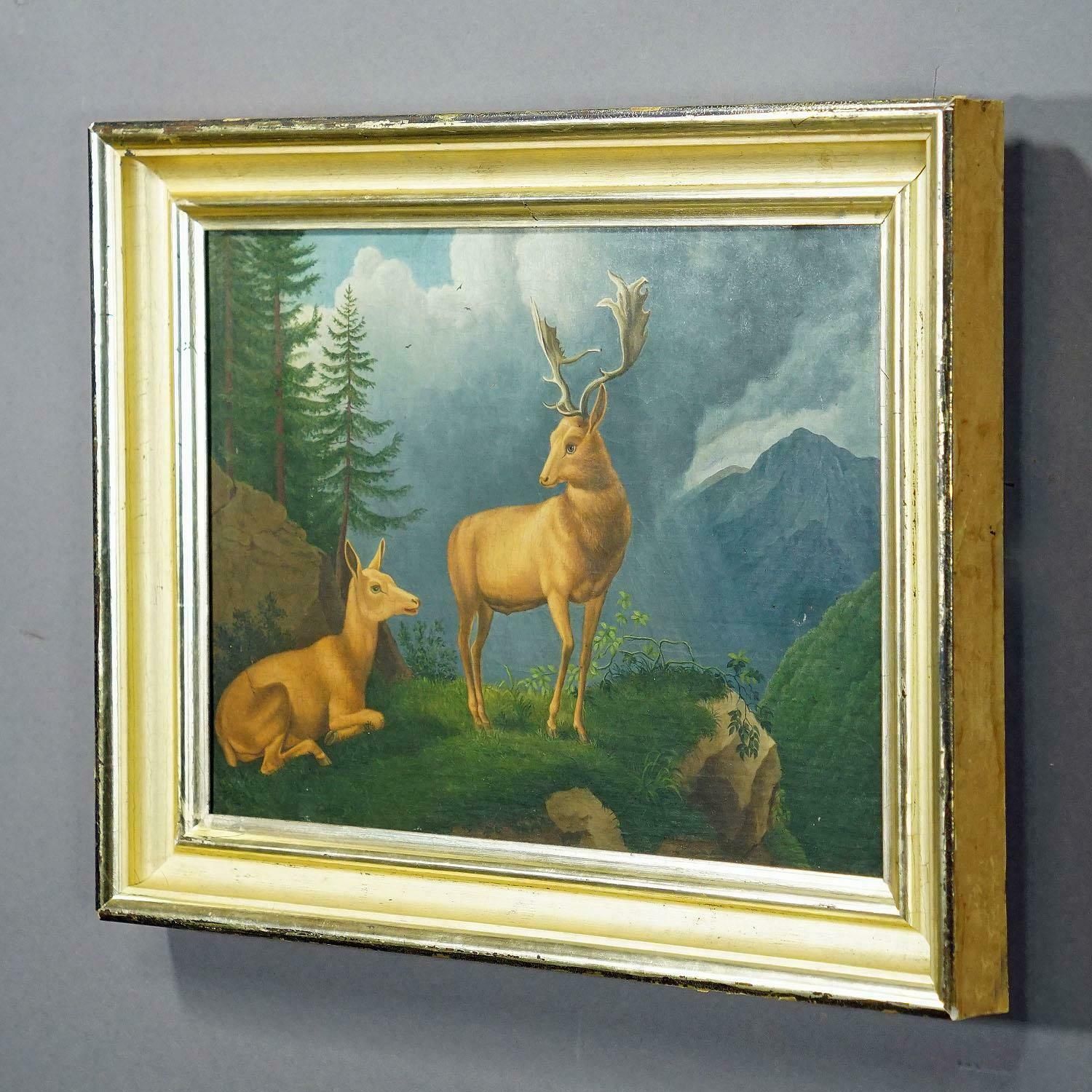 Painting Fallow Deer With Doe In The Alps Oil On Canvas 19th Century photo for sale
