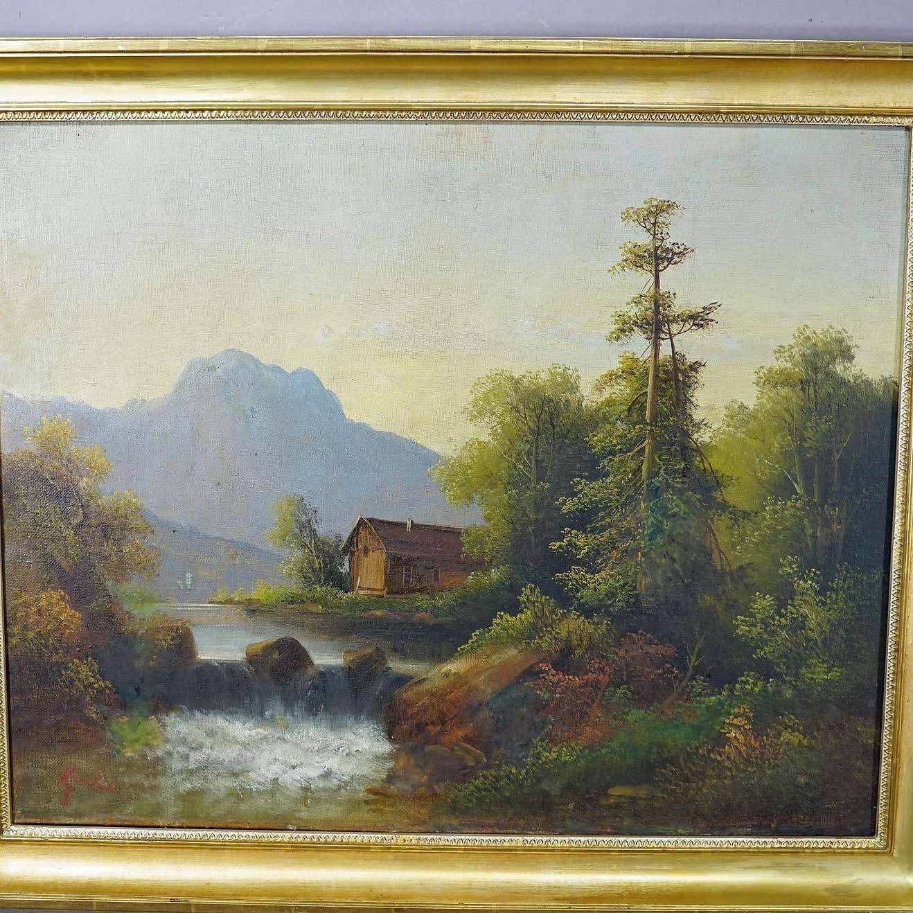 Summerly Mountain Landscape With Water Fall And Mountain Hut 19th Century photo Art