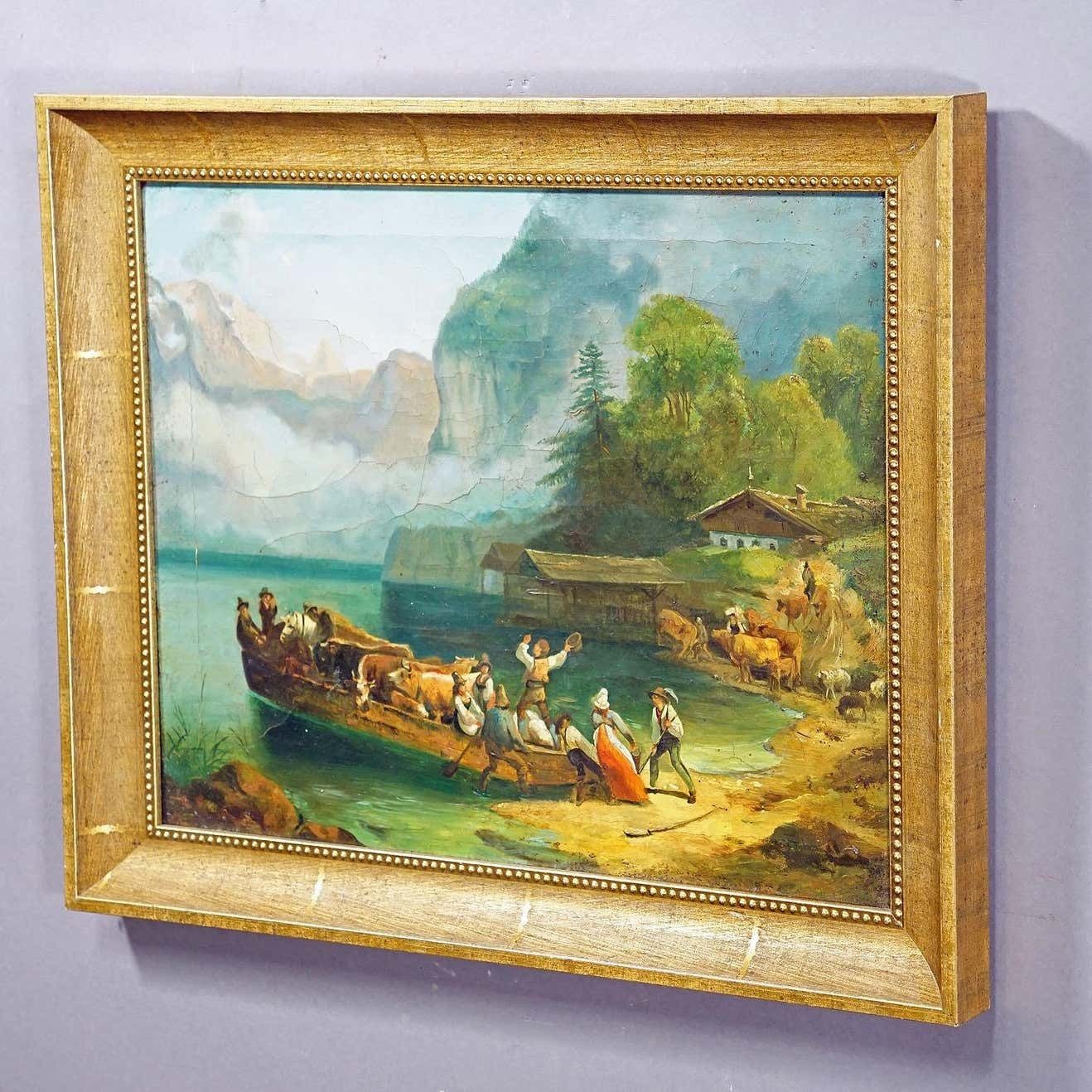 Painting Cattle Carriage On An Alpine Lake, Oil On Canvas 19th Century photo for sale