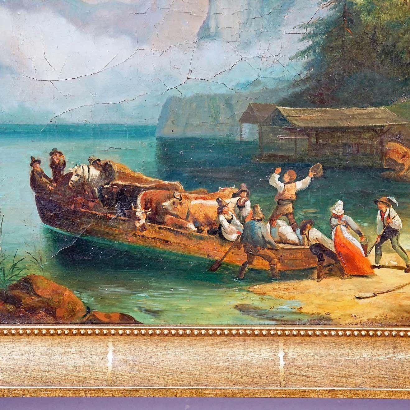 Painting Cattle Carriage On An Alpine Lake, Oil On Canvas 19th Century photo 1167.0