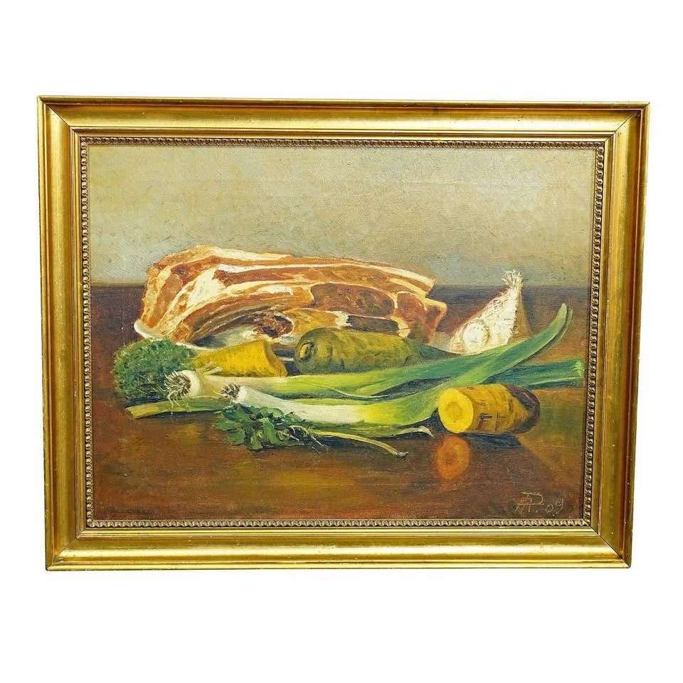 Unknown, Still Life With Meat And Vegetables, Oil On Canvas, Germany, 1909 photo furniture