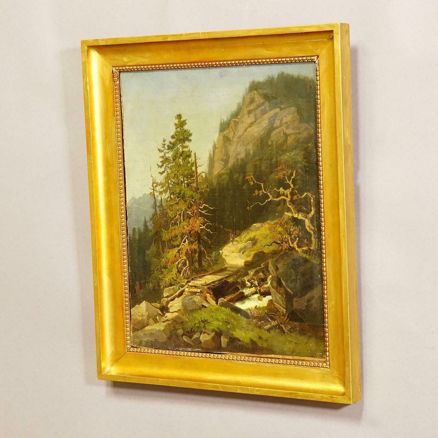 Summerly Mountain Landscape With Hiker On Hiking Trail, 19th Century photo for sale
