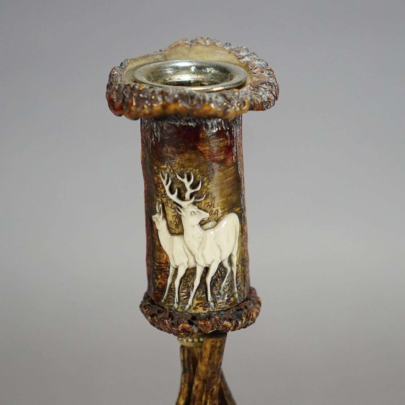 Stylish Cabin Decor Antler Candle Holder With Deer Carving Germany Ca 1900 photo Home Decor