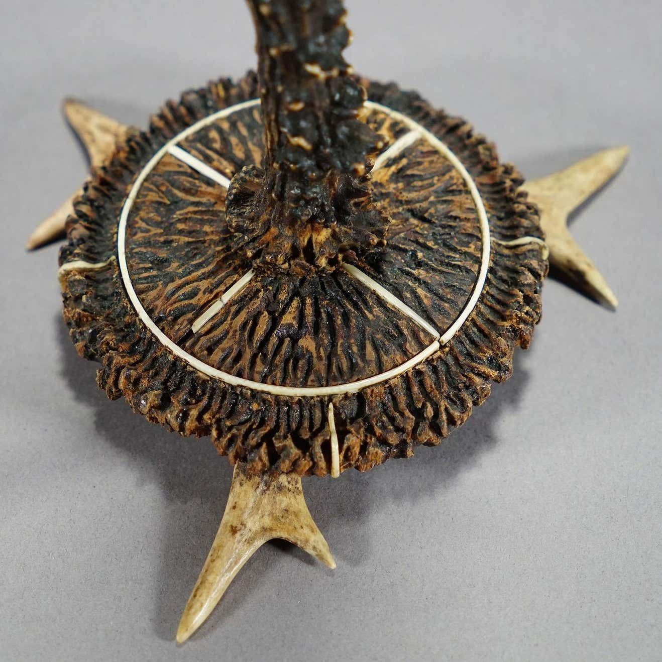 Stylish Cabin Decor Antler Candle Holder With Deer Carving Germany Ca 1900 photo 1236.0