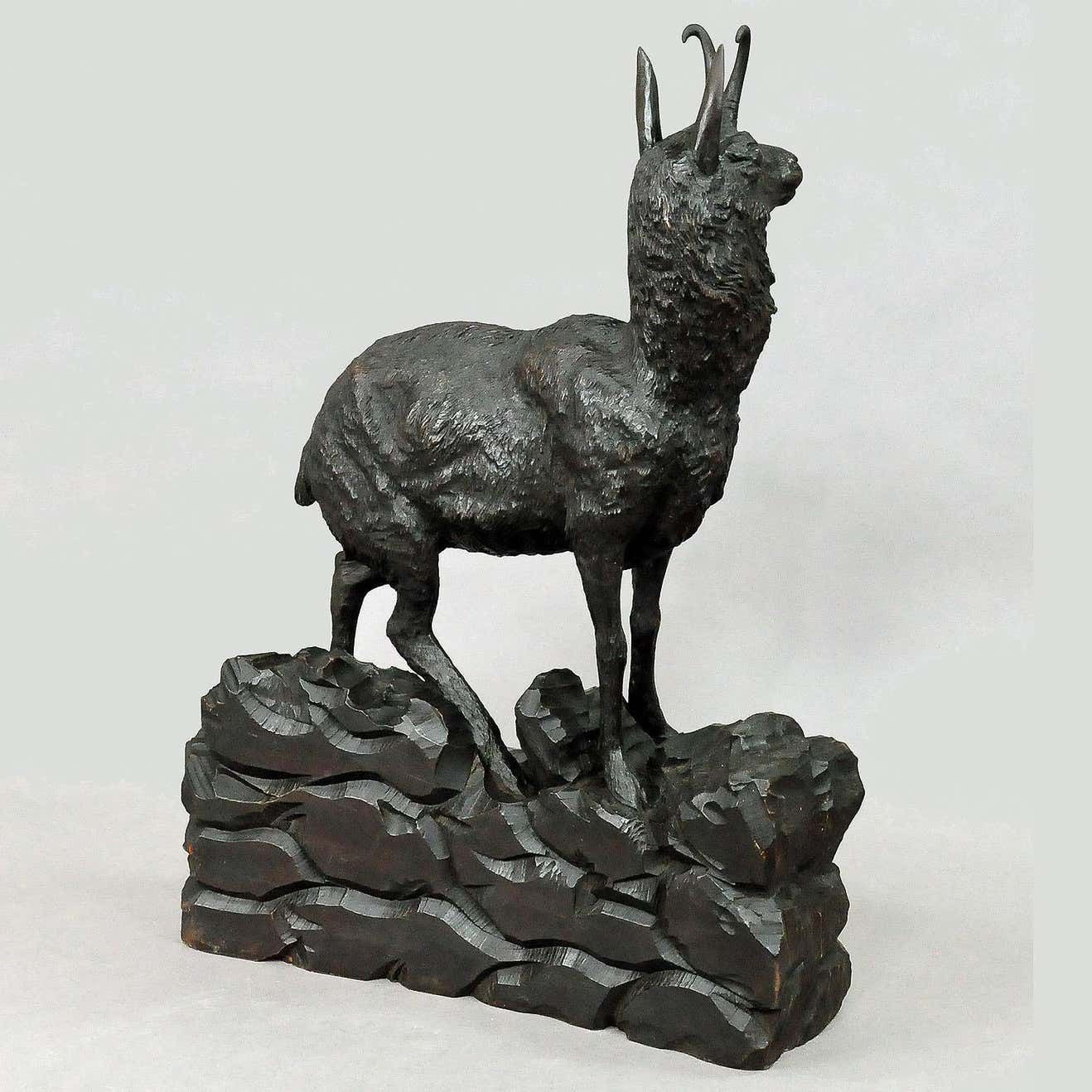 Large Carved Wood Chamois Sculpture Black Forest Circa 1900 photo vinterior