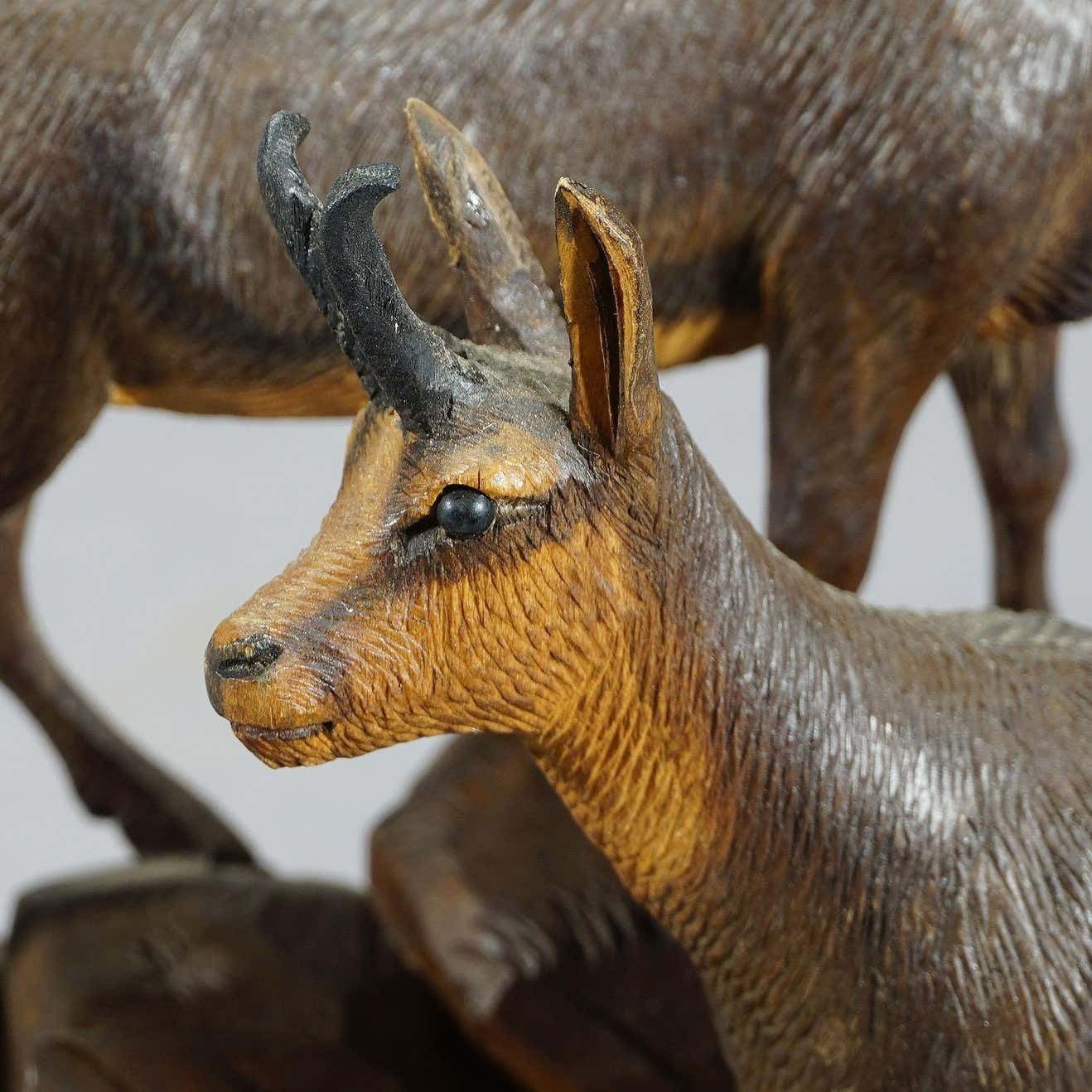 Fine Carved Wood Chamois Family By Ernst Heissl Circa 1900 photo vinterior