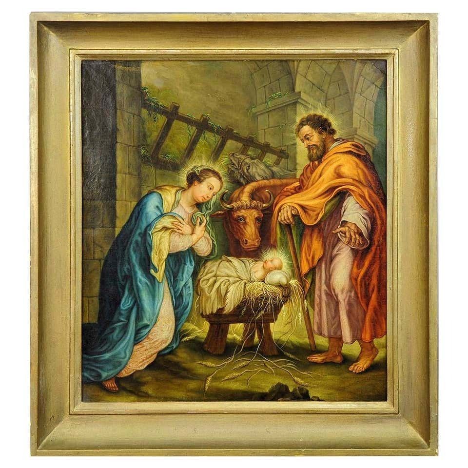 Maria En Jozef In De Stal Van Bethlehem, Olieverfschilderij Op Doek