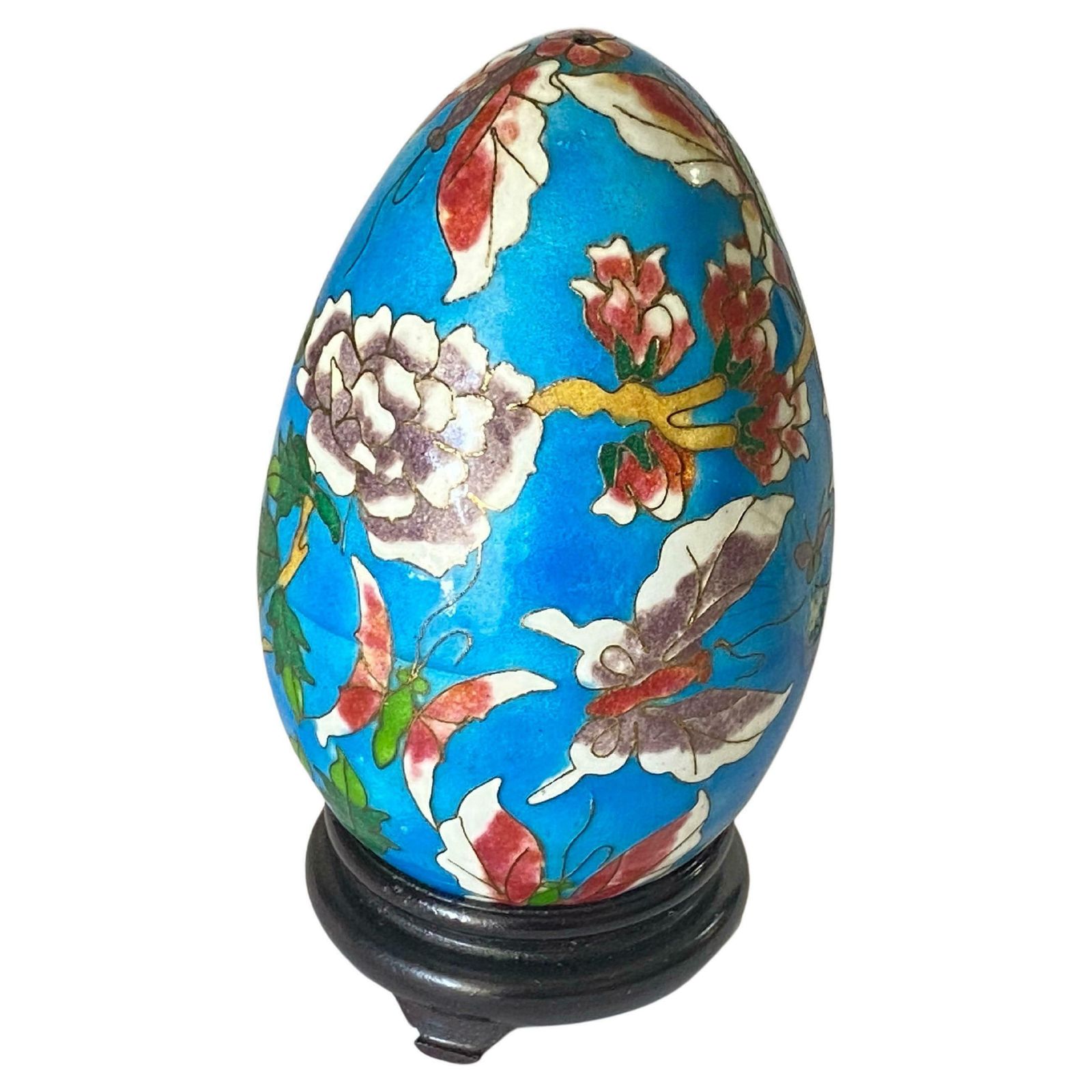 Chinese Cloisonné Enamel Egg With Wood Stand, Early 20 Century