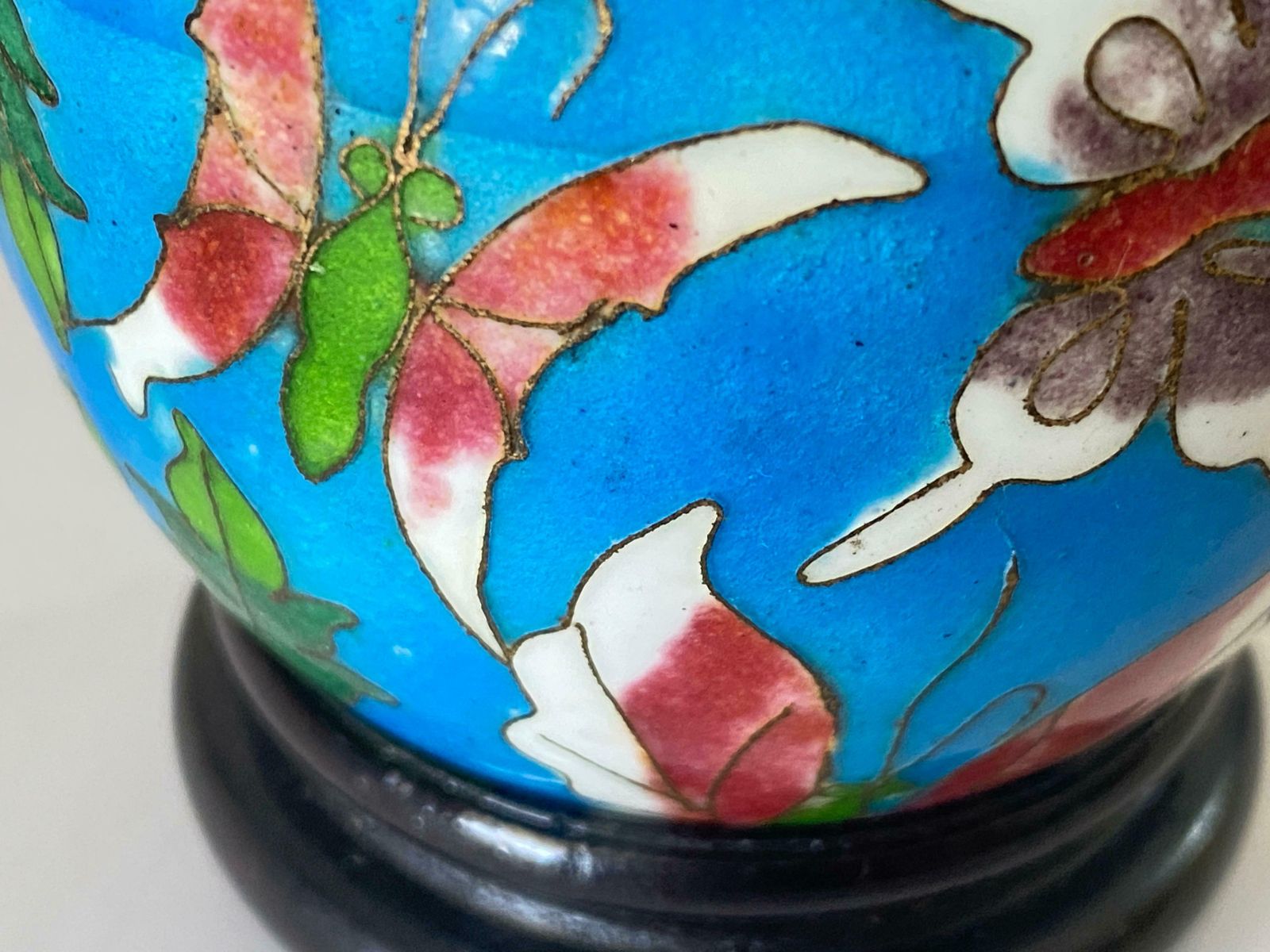 Chinese Cloisonné Enamel Egg With Wood Stand, Early 20 Century photo for sale