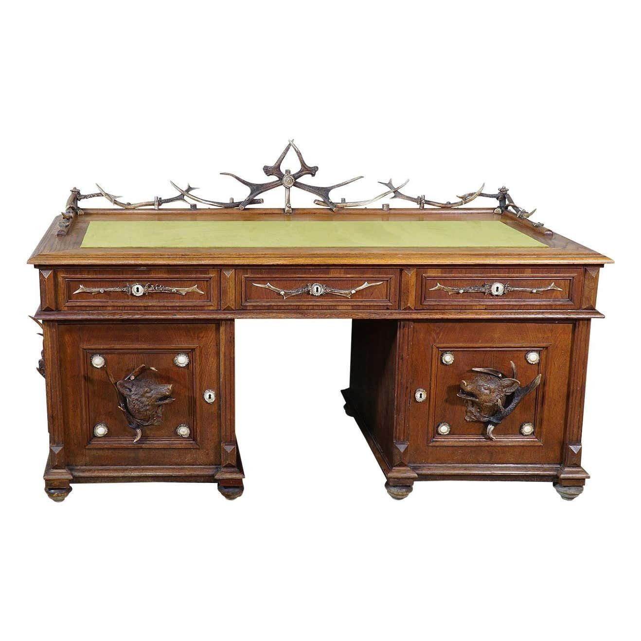 Large Oak Wood Desk With Antler Decorations By Rudolf Brix 1900