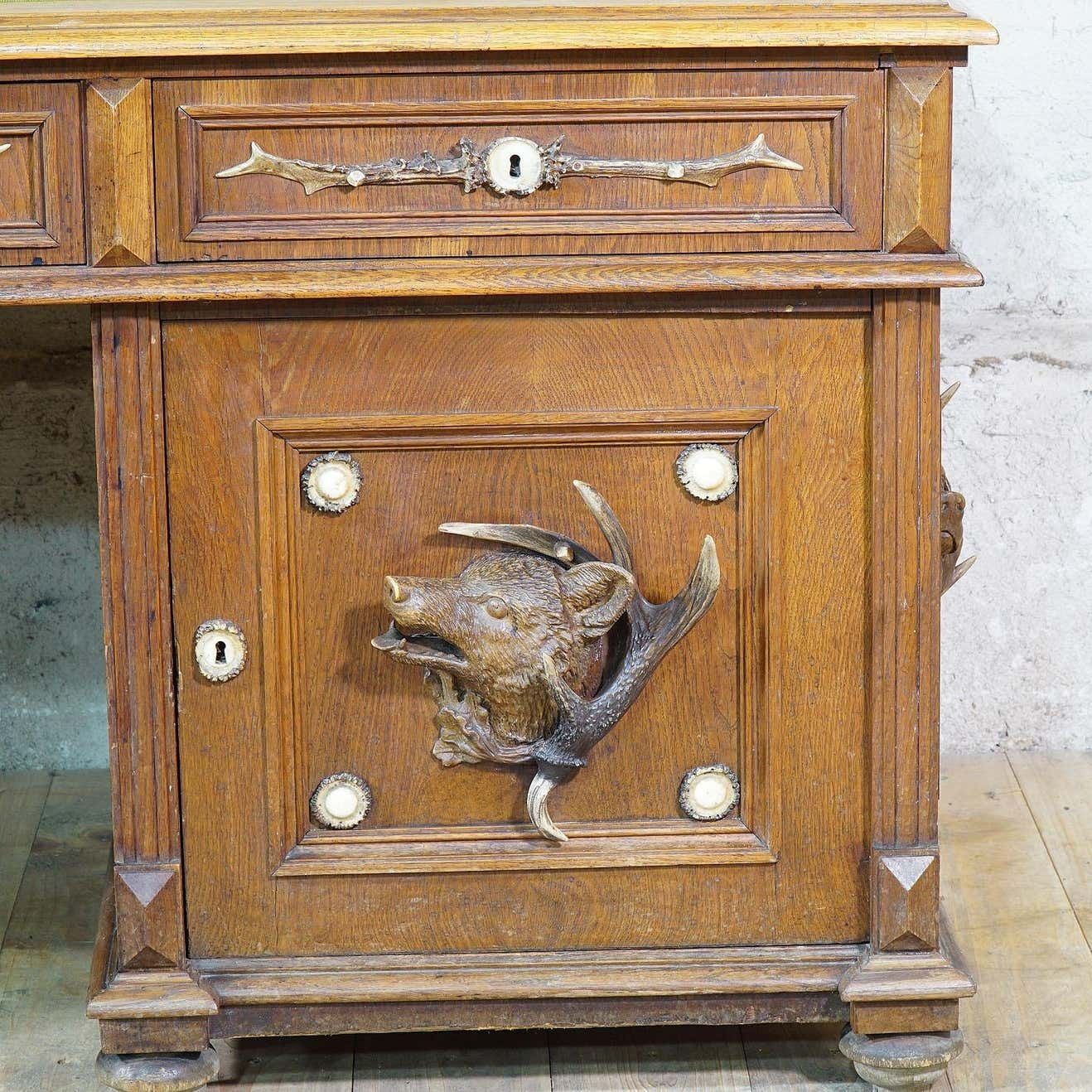 Large Oak Wood Desk With Antler Decorations By Rudolf Brix 1900 photo for sale