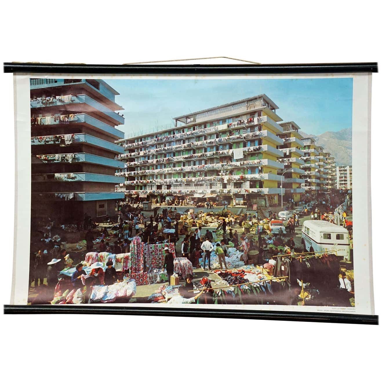 Vintage Rollable Mural Wall Chart Photo Poster Living In Hong Kong In 1970s