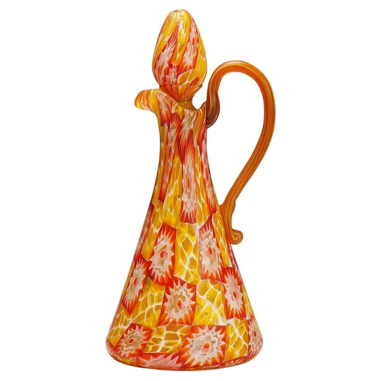 Antique Millefiori Jug With Handles By Fratelli Toso, Murano, Circa 1920