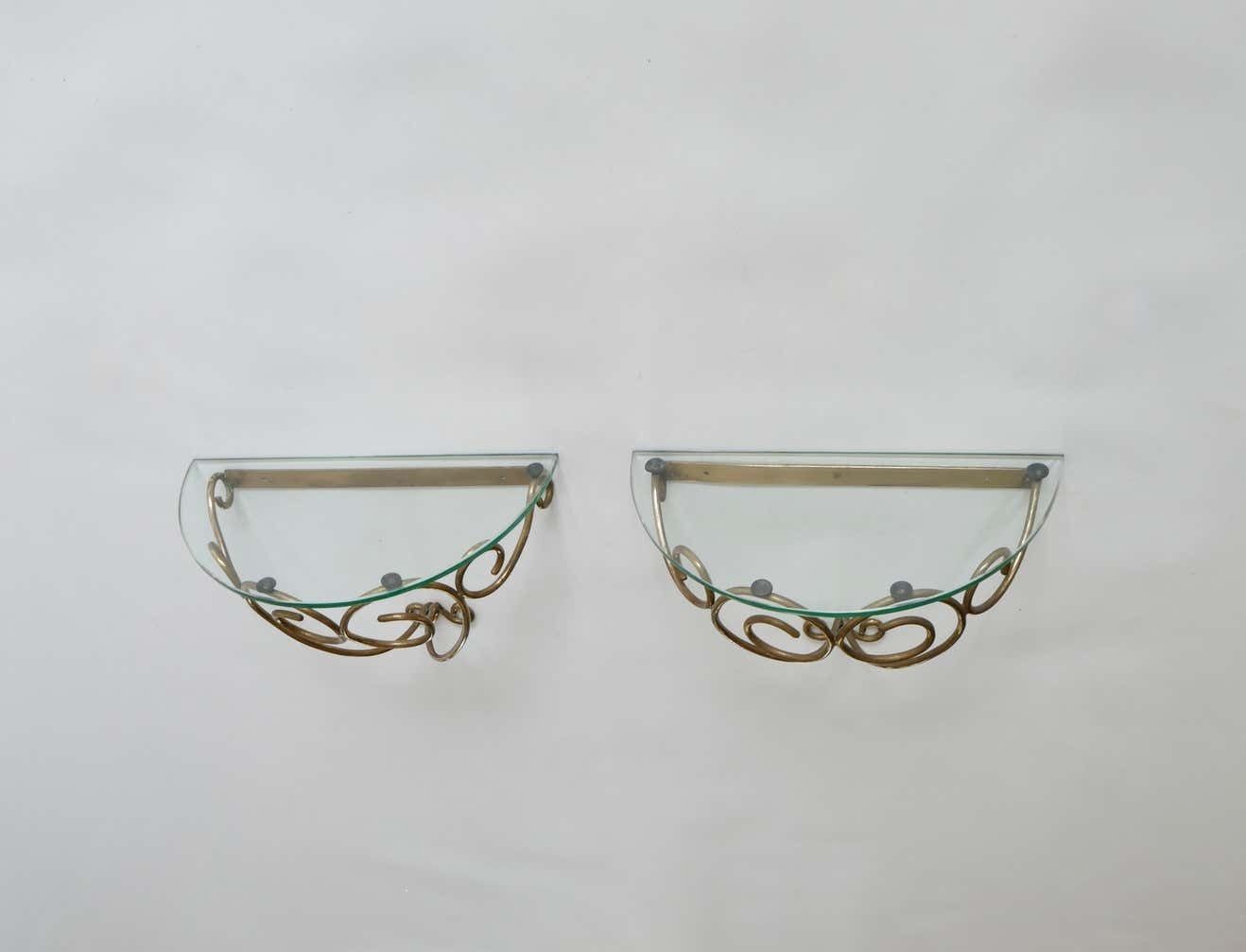 Wall Mounted Brass Nightstands Or Console With Demilune Glass Top, Italy, 1950s photo Furniture
