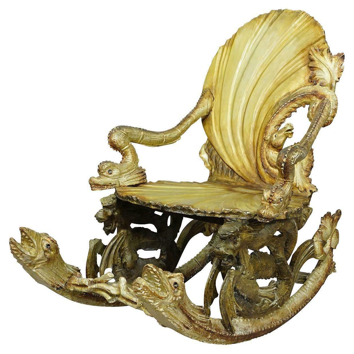 Antique Venetian Carved Grotto Rocking Chair, Ca. 1890