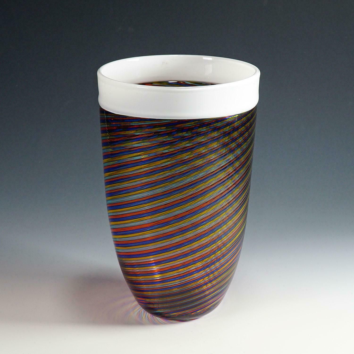 Large Cenedese Filigrana Art Glass Vase With Multicoloured Bands photo for sale