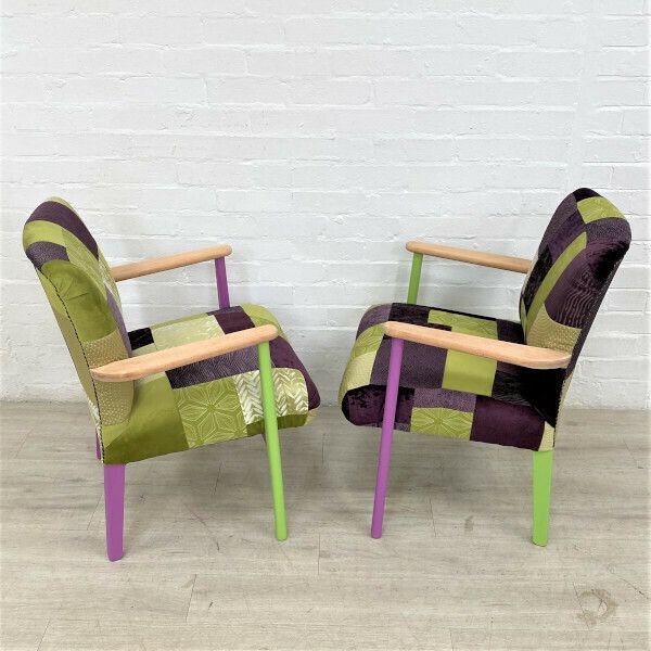 Pair Of Parker Knoll Mid Century Easy Chairs In Patchwork Velvets photo for sale