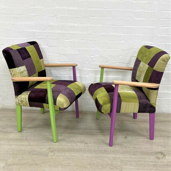 Pair Of Parker Knoll Mid Century Easy Chairs In Patchwork Velvets photo Furniture