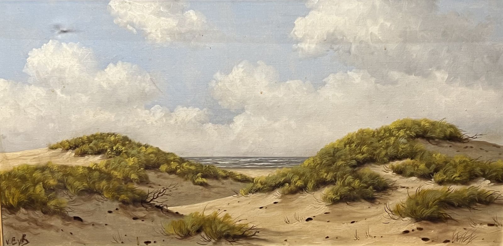 English School Sunlit Sand Dune Beach View Artwork Oil On Canvas Signed photo Art