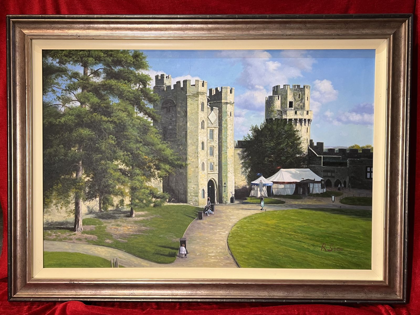 Antique English School Historic Warwick Castle England Oil Painting Signed R Soan photo furniture