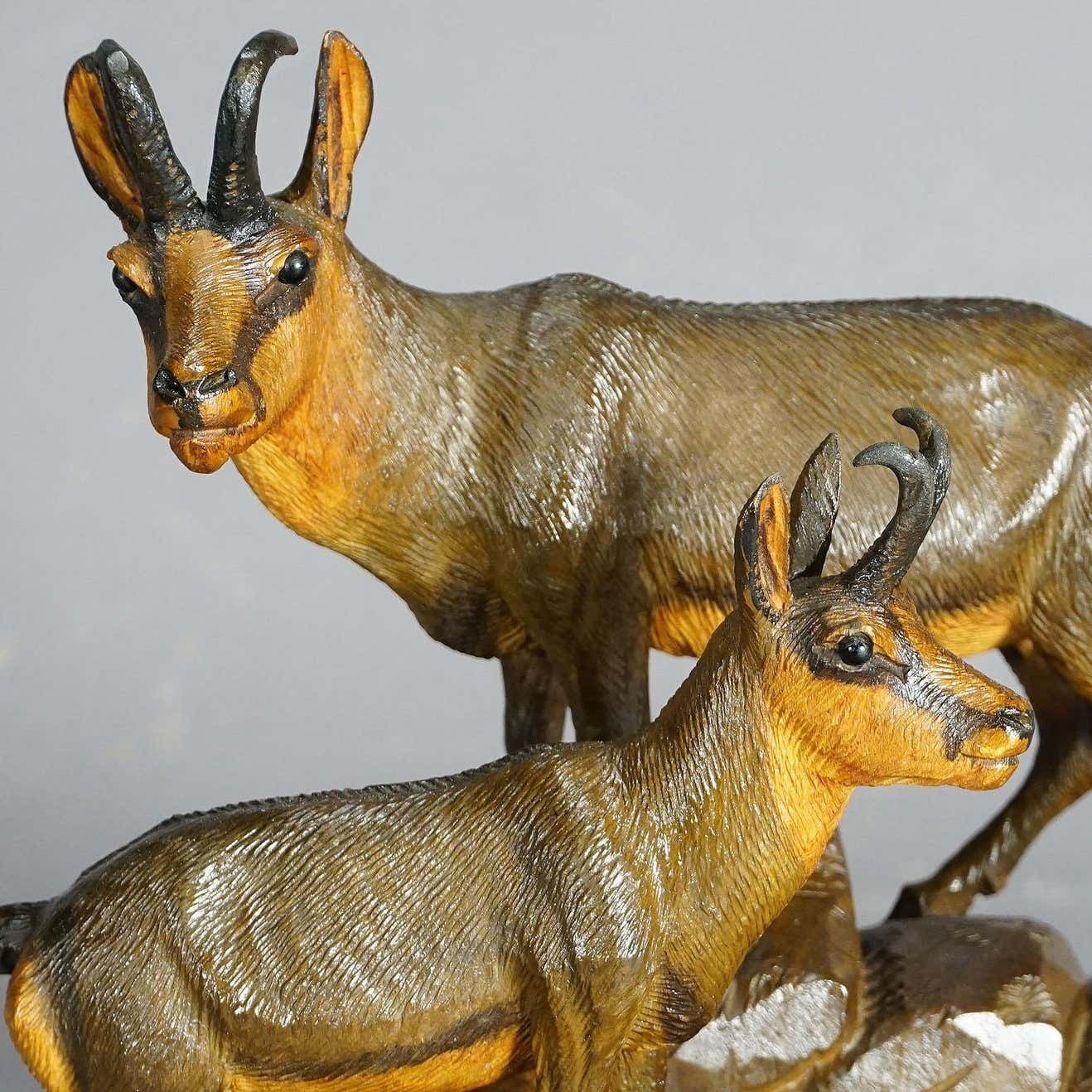 Carved Wood Chamois Family By Ernst Heissl Ebensee Austria Circa 1900 photo vintage