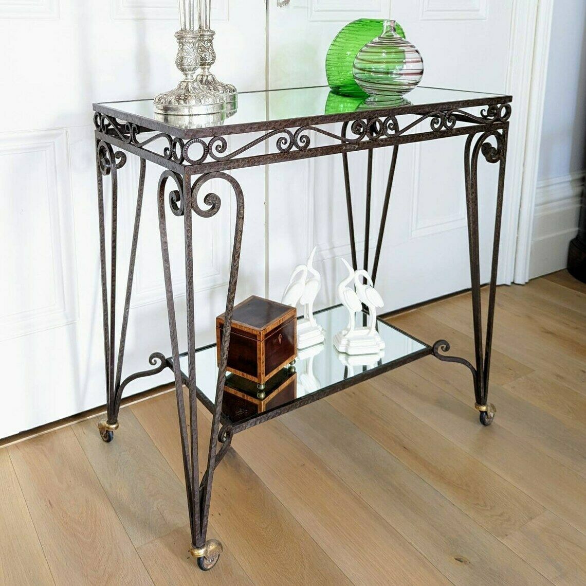 A Mid Century French Mirrored Glass And Wrought Iron Two Tier Cocktail Or Desert Trolley photo Furniture