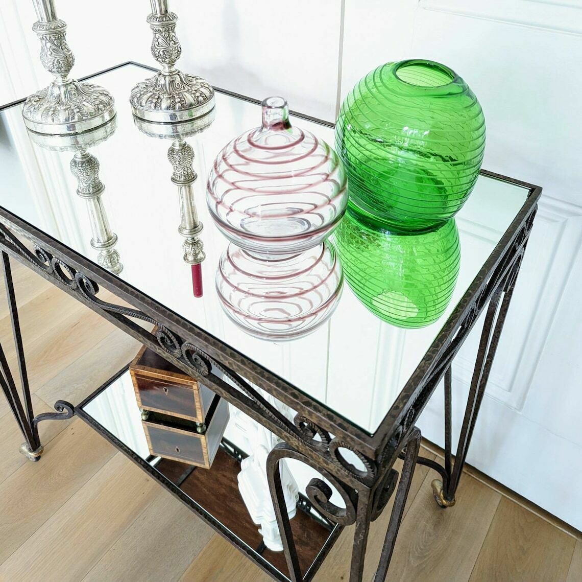 A Mid Century French Mirrored Glass And Wrought Iron Two Tier Cocktail Or Desert Trolley photo buy