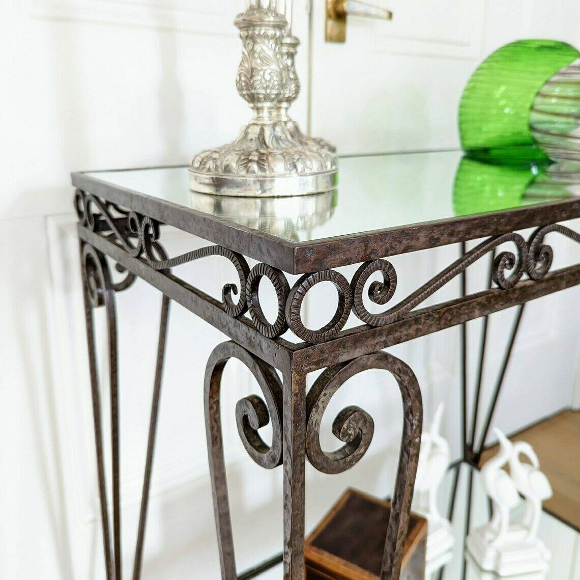 photo furniture A Mid Century French Mirrored Glass And Wrought Iron Two Tier Cocktail Or Desert Trolley