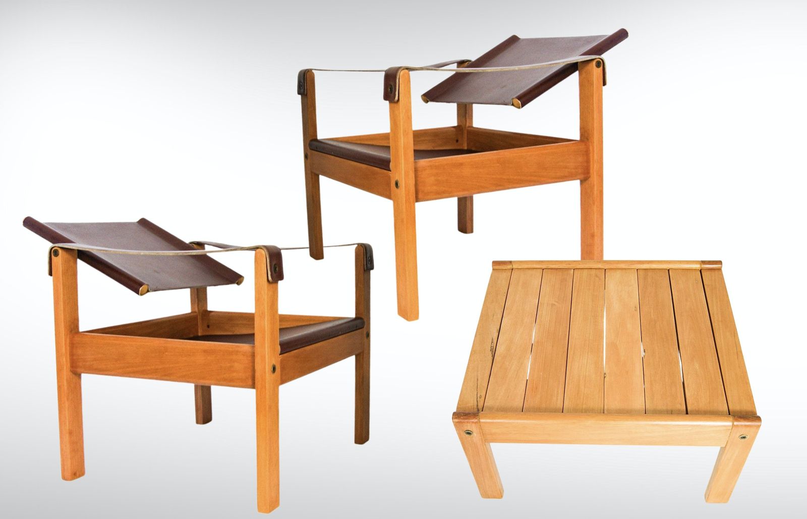 Karl Heinz Bergmiller For Escriba Brazil Pair Of Safari Leather Armchairs And Coffee Table