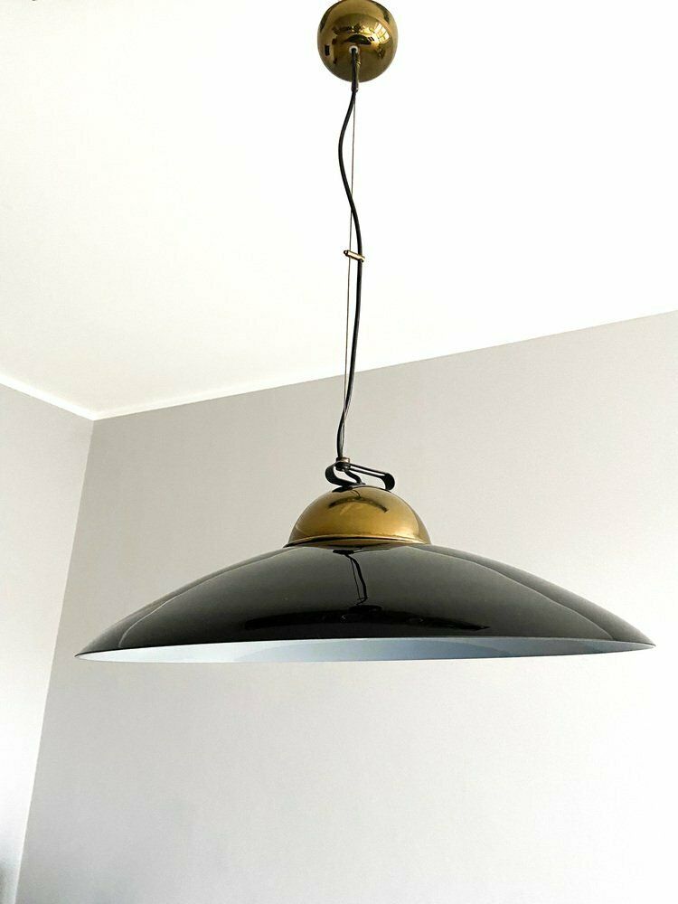 Suspension Lamp In Brass And Black Lacquered Metal, Italy, 70s