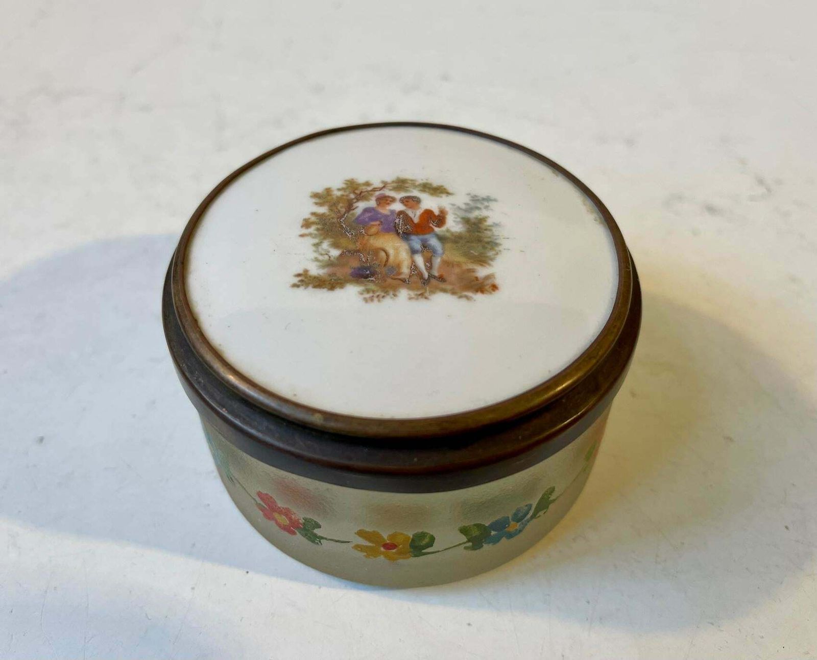 Antique French Powder Trinket In Hand Painted Porcelain & Glass photo vinterior