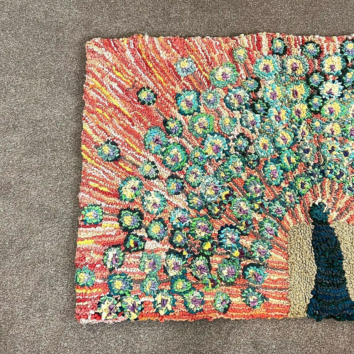 Scandinavian Style Peacock Hooked Rug, Vintage Handmade Rug photo Textiles