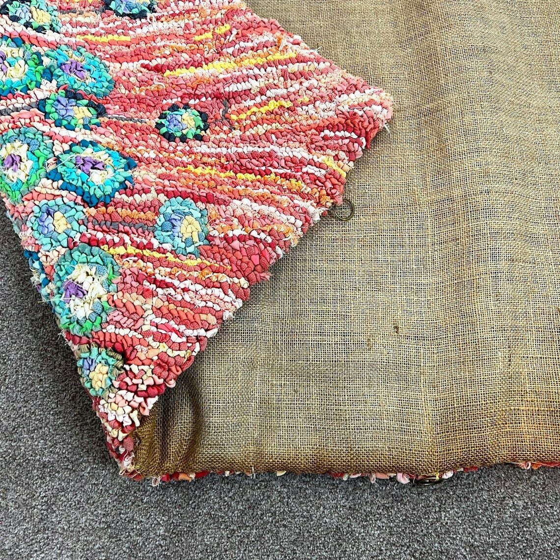 Scandinavian Style Peacock Hooked Rug, Vintage Handmade Rug photo buy