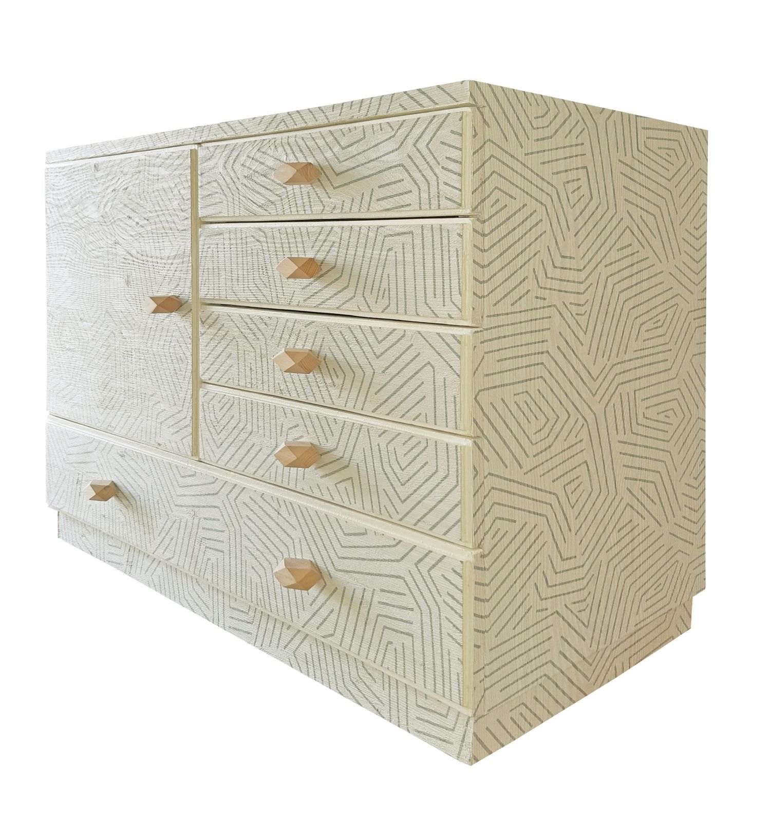 photo for sale "Sahara Rhythm" Restyled Chest Of Drawers By Habitat Improver With Textured Wallpaper, Paint And Wood Knobs
