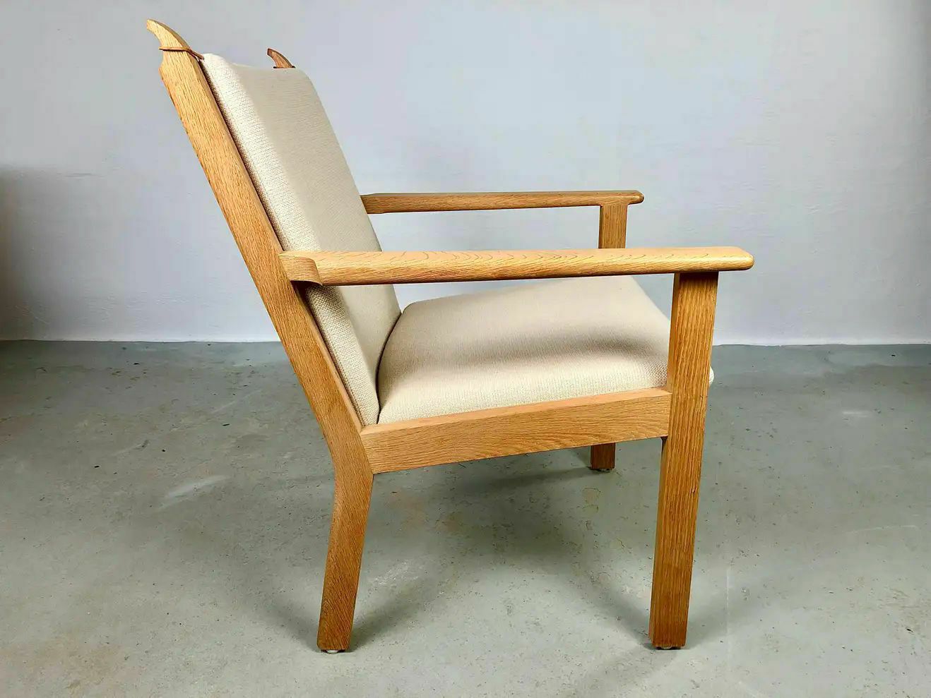 photo for sale Danish Hans J. Wegner Set Of Two Lounge Chairs In Oak And Fabric By Getama