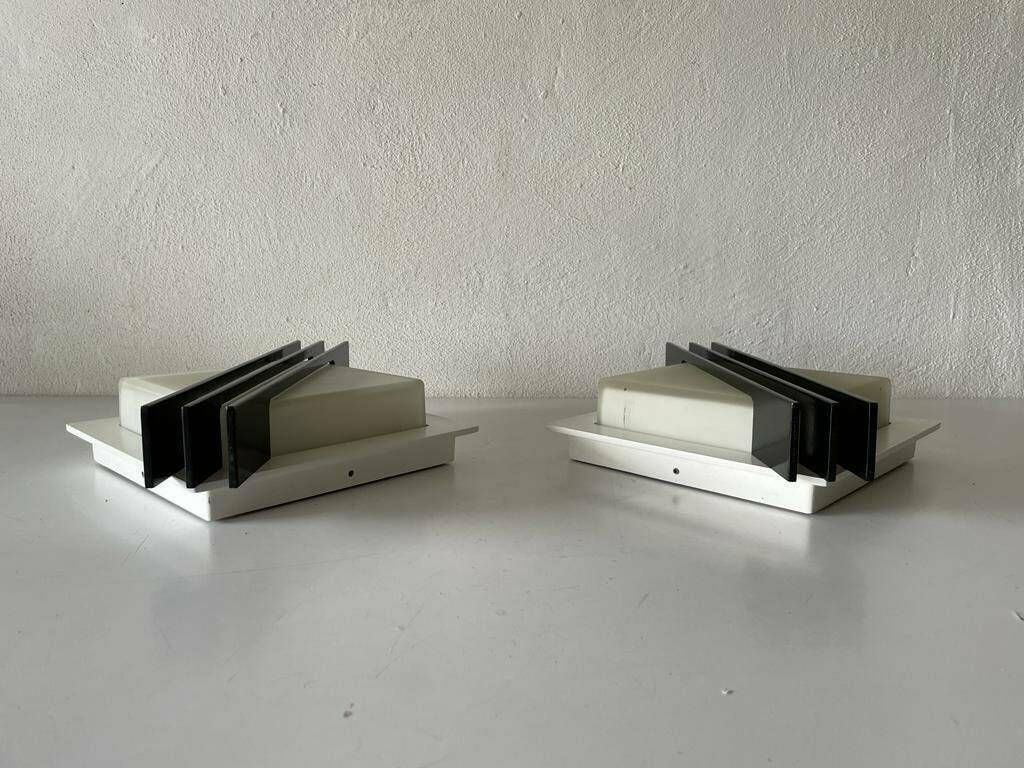 Lighting Rare Square Design Black Metal And Glass Pair Of Flush Mounts Or Sconces By Bega, 1960s, Germany photo