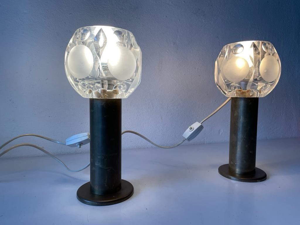 Gorgeous Heavy Glass And Antique Brass Body Pair Of Large Table Lamps By Peill Und Putzler, 1960s, Germany photo for sale