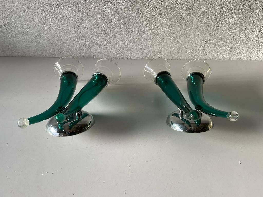 Green Italian Hand Crafted Semi Transparent Murano Glass Pair Of Large Sconces By Veart, 1970s, Italy photo vinterior
