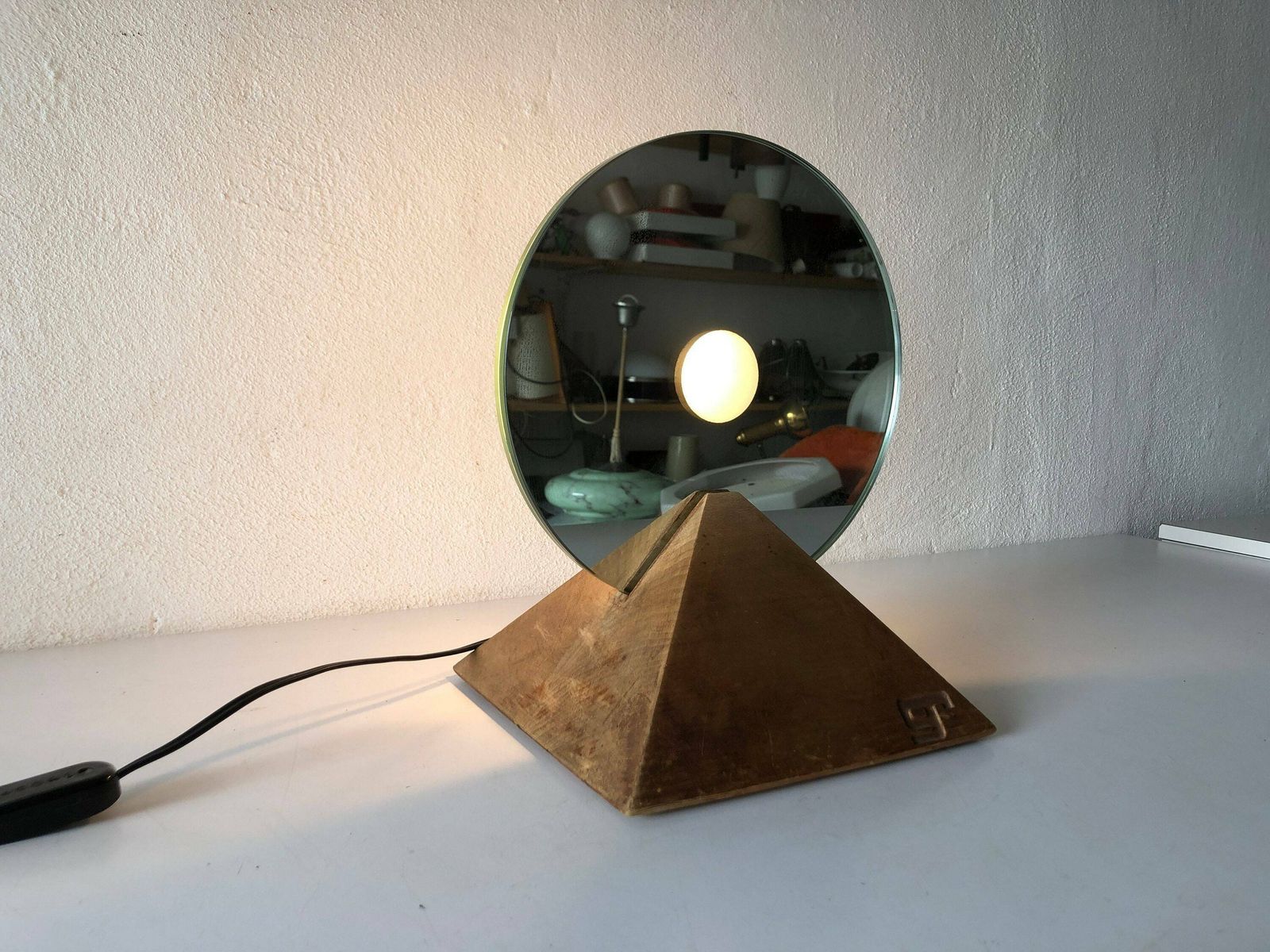 Exclusive Round Glass With Pyramid Wood Base Table Lamp By Gallotti E Radice, 1970s, Italy