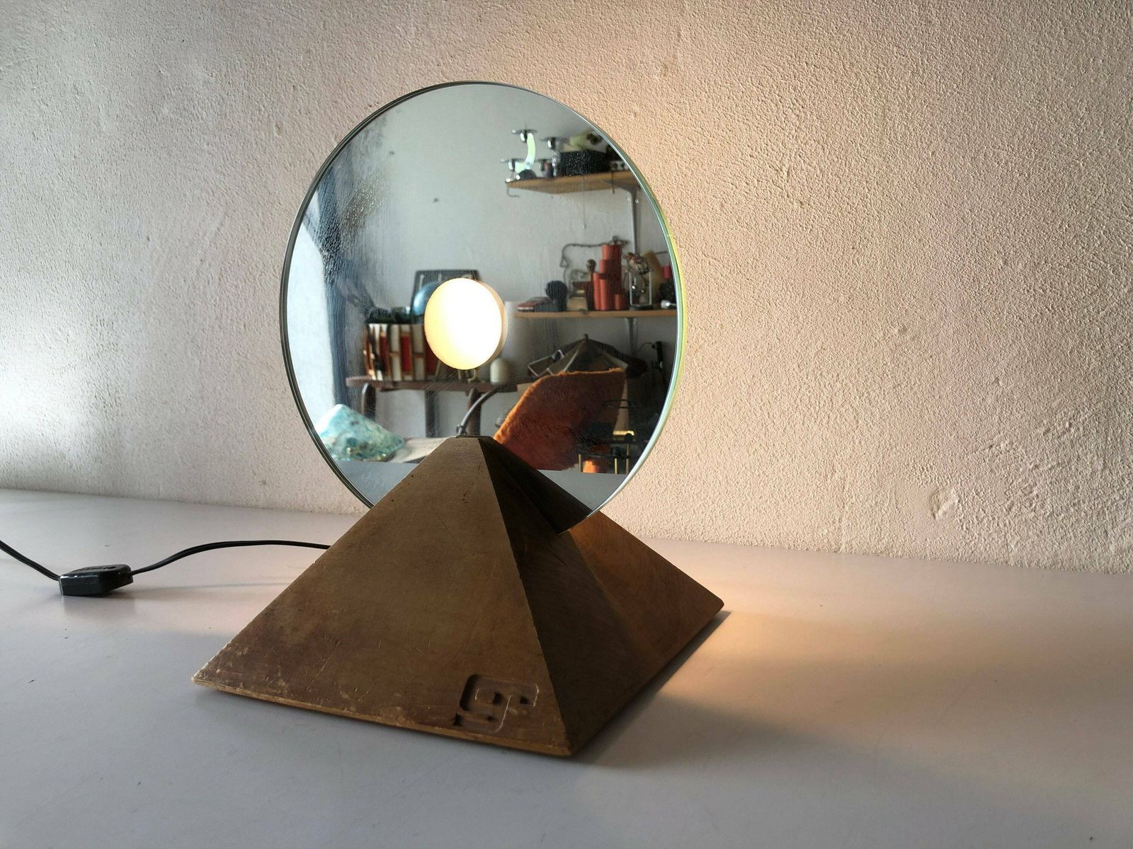 Exclusive Round Glass With Pyramid Wood Base Table Lamp By Gallotti E Radice, 1970s, Italy photo for sale