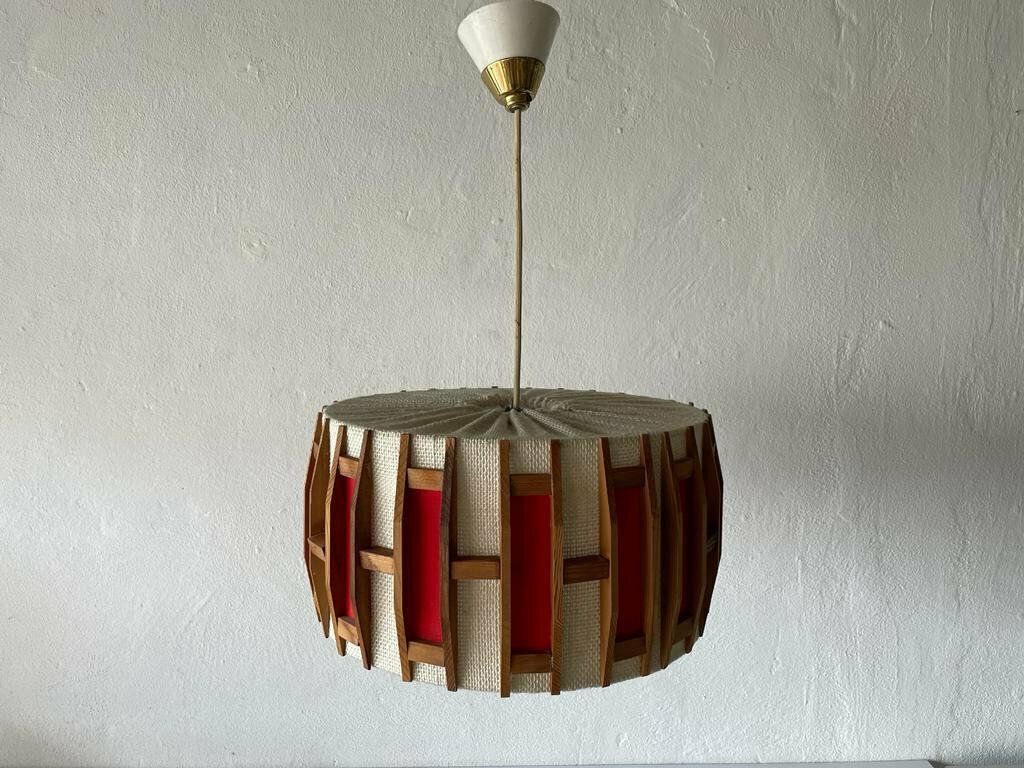 Beautiful Retro Red & Beige Fabric Shade   Wood Pendant Lamp, 1960s, Germany photo for sale