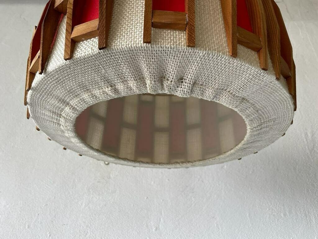 Beautiful Retro Red & Beige Fabric Shade   Wood Pendant Lamp, 1960s, Germany photo vintage