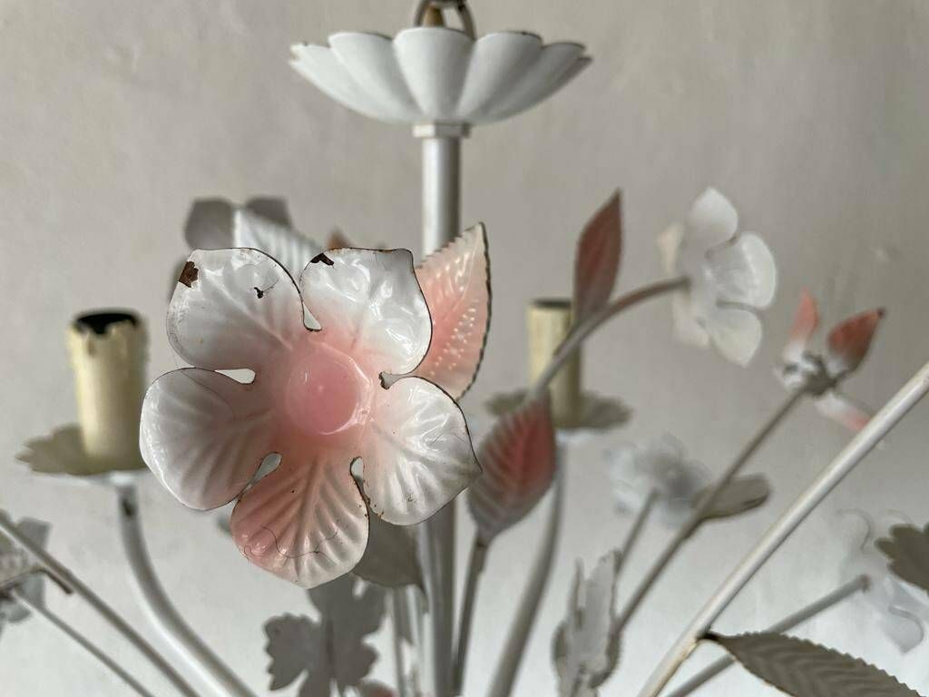 White And Pink Metal Bouquet Design Florentine Chandelier By Hans Kögl, 1970s, Germany photo vintage