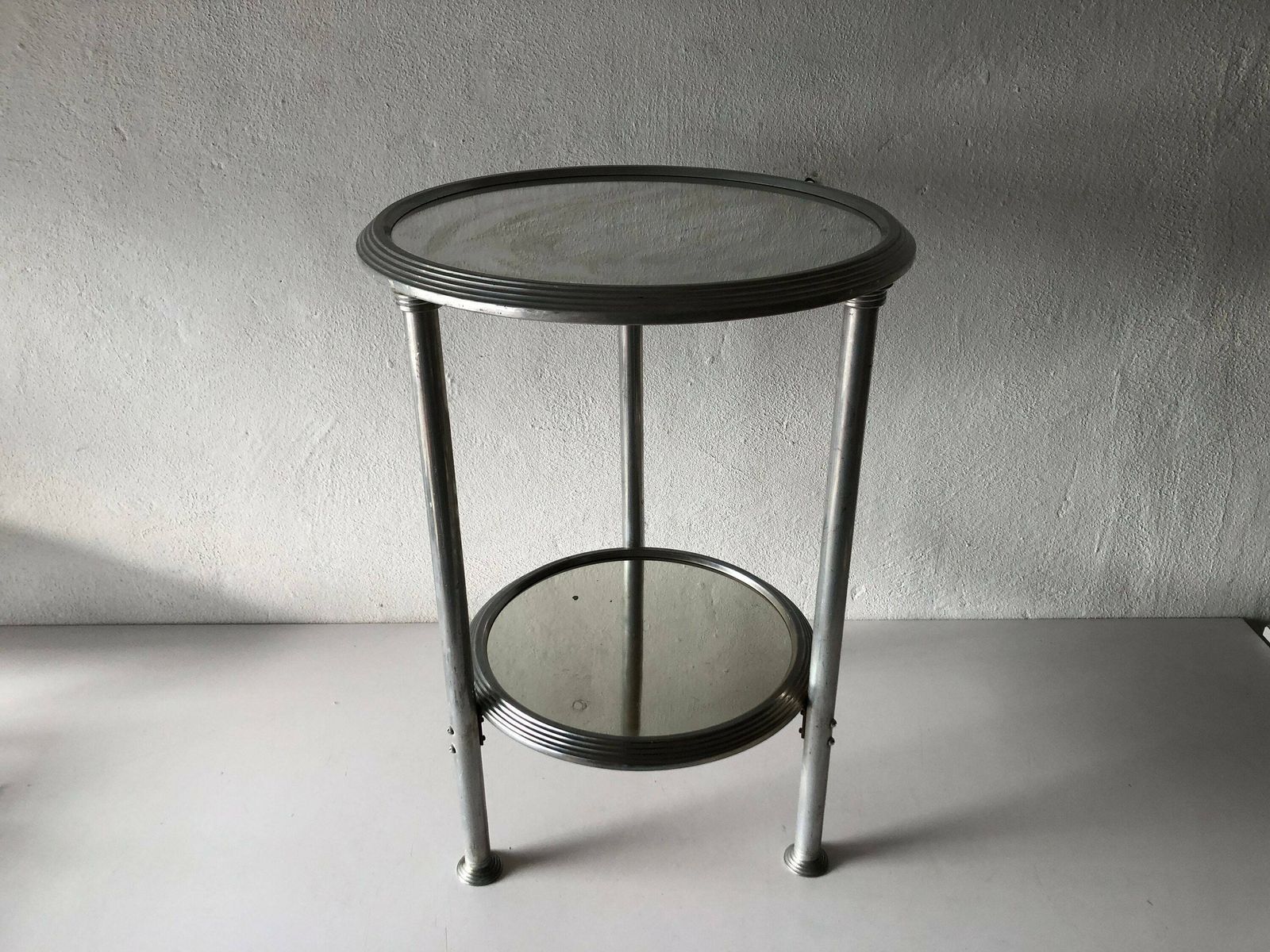 French Art Deco Round Aluminum Table With 2 Mirror Surface, 1940s, France photo furniture