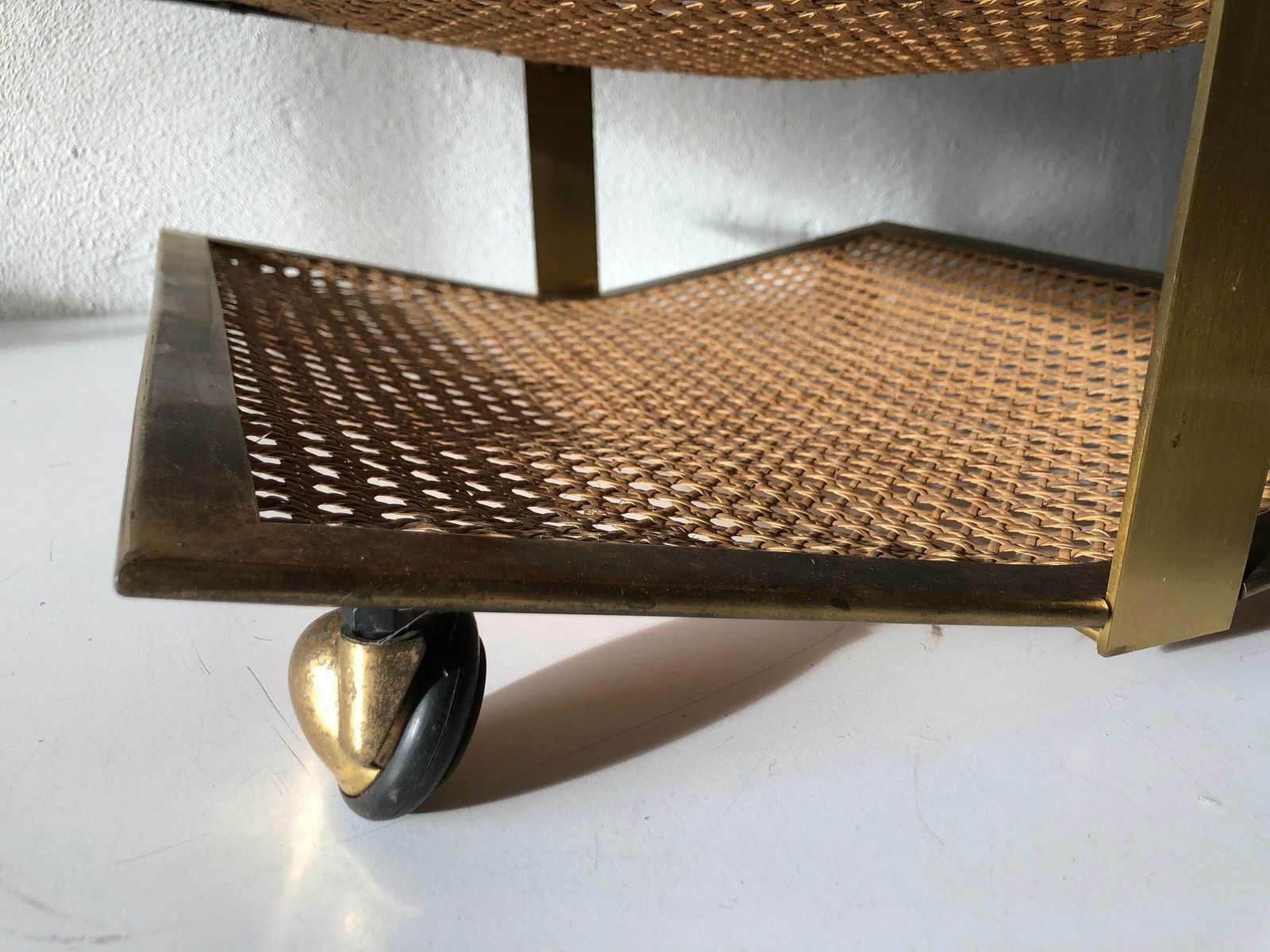 Mid Century Modern Wicker   Brass Wonderful Luxury Italian Magazine Rack With 3 Shelf, 1960s, Italy photo vintage